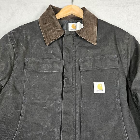 VTG Carhartt C01 Chore Coat Jacket 44 Made in USA Black Quilted Lined Distressed - Picture 2 of 16